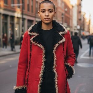 Red Faux-Fur Trim Pea Coat - Women's Stylish Outerwear